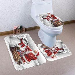 Toiletstoelhoezen Kerstdeksel Set 3d Santa Snowman Print Bath Mat Deksel Contour Tapijt kit