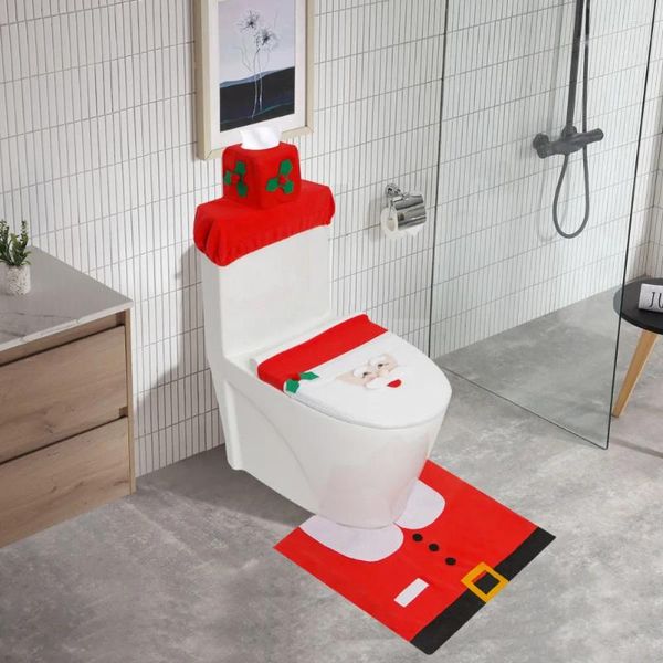 Cubiertas de asiento del inodoro navideño Santa Mat de baño Red Tank Suministros para decoración de regalos de año hogar