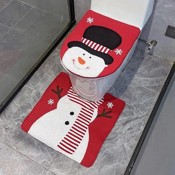 Cubiertas de asiento de inodoro Juego de alfombrillas Absorción de agua Festivo Baño de Navidad Muñeco de nieve Santa Elk Imprimir Piso