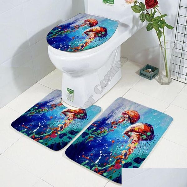 Couvre-siège de toilette Ers Funny Méduse Ensemble de trois pièces 3D Imprimé Salle de bain Piédestal Tapis Couvercle Er Tapis de bain 02 Drop Delivery Home Garden Dhr3G