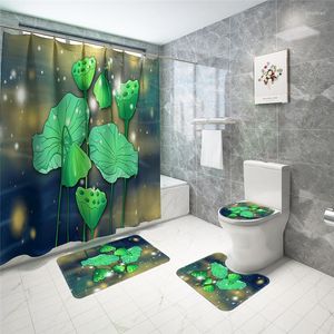Toiletbriefjes Handgeschilderde lotus bladafdruk Home Decor badkamer dek sets waterdichte douchegordijnmatten tapijt tapijten pakken