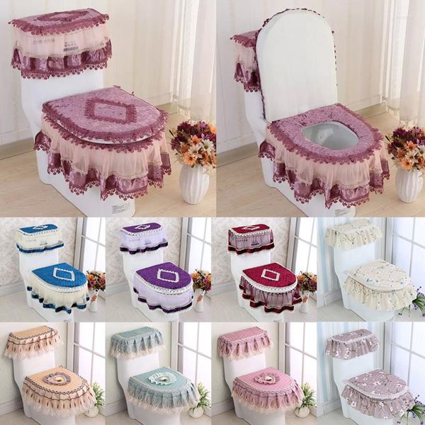 Housses de siège de toilette dentelle salle de bain réservoir d'eau couverture haut coussin ensemble trois pièces imprimé fleuri Closestool protecteur coussin coussinets