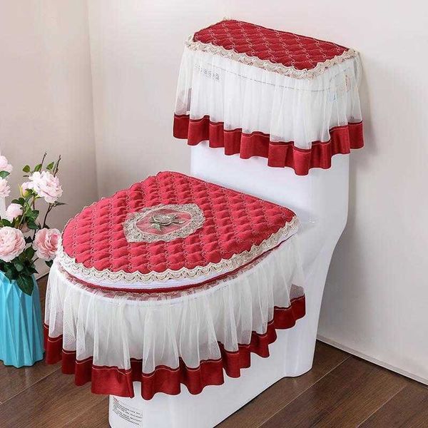 Couvre-sièges de toilette Nouveau Style européen maison couverture de toilette 3 pièces ensemble quatre saisons universel dentelle tissu tapis de toilette fermeture éclair salle de bain décor anneau de toilette HKD230825