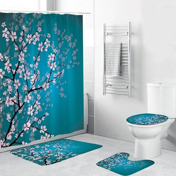 Siège de toilette couvre prune motif rideau de douche piédestal tapis couvercle tapis de bain ensemble salle de bain rideaux avec crochets