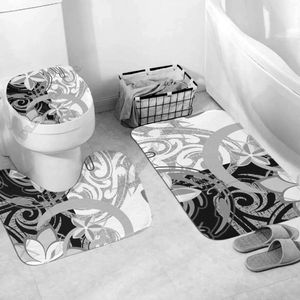 Toiletstoelhoezen Polynesische thuisset - Floral Abstract Badkamer 3D Gedrukte voetstuk Tapijtdeksel Badmat Mat