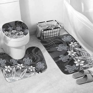 Housses de siège de toilette Ensemble de maison polynésienne - Salle de bain abstraite tribale Tapis de piédestal imprimé en 3D Couverture de couvercle Tapis de bain