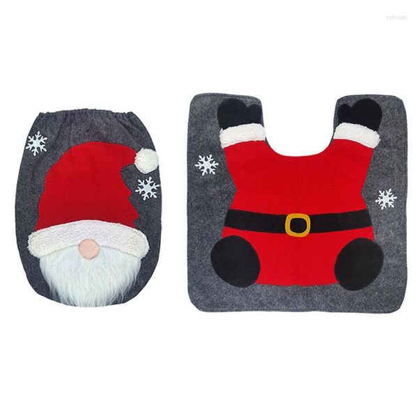 Cubiertas de asiento de inodoro Juego de cubierta y alfombra de Papá Noel Decoraciones de baño de Navidad Tapa de patrón