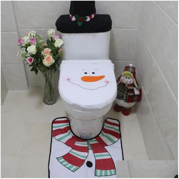 Couvre-sièges de toilettes Siège de toilette Ers 3Pcs Er Tapis de salle de bain Ensemble Père Noël / Bonhomme de neige Décorations de Noël Mignon Confortable Livraison directe H Dhcfy