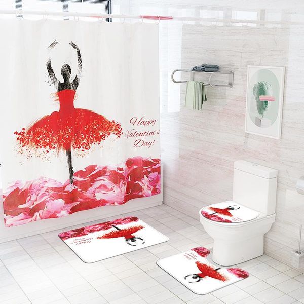Housses de siège de toilette Saint Valentin fille impression numérique décor à la maison ensembles de couverture de salle de bain imperméable rideau de douche tapis tapis tapis costumes