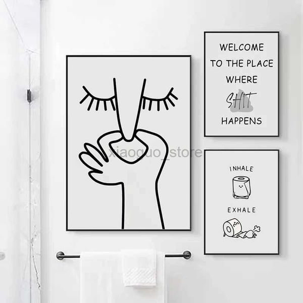 Pegatinas para el baño Humor abstracto olor desagradable cartel divertido para el baño impresiones en blanco y negro imagen sobre lienzo pinturas en la pared decoración de la habitación del baño 240319