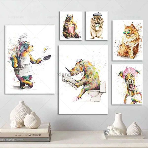 Pegatinas para el baño Póster divertido de acuarela con animales, rinoceronte en el baño, ardilla tomando café, pintura mural de súper rana sobre lienzo, fotos, decoración del hogar 240319