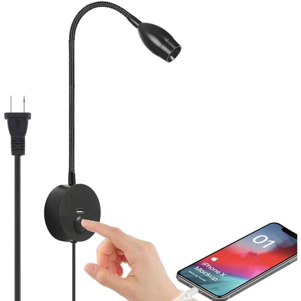 Lámpara de enchufe de tokili para leer con puerto USB toque/apagado/apagado de la pared Madrina cabecera cabecera de cabello cabezal con luz para aplicar el cuello para el dormitorio AC100-240V EU EE. UU.