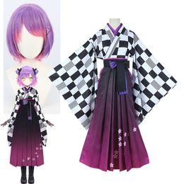 Tokoyami Towa Cosplay Kimono Sets Hololive Vtuber Kostuum Youtuber Vrouwen S Pruik Paars Gemengd Roze Kort Haar