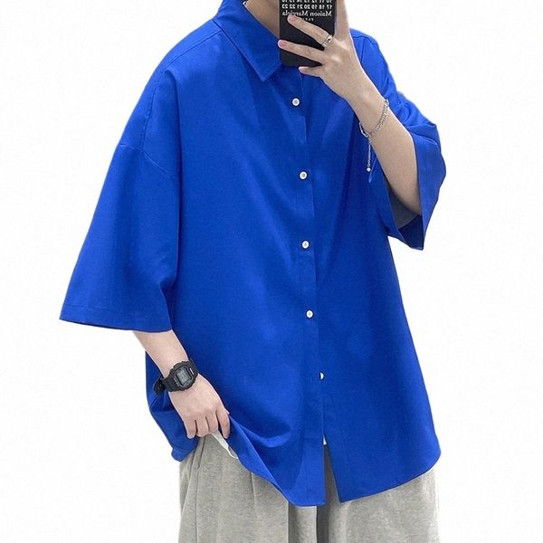 Raconté Tale Summer Ice Silk Chemises solides pour hommes Vêtements Style coréen Mens Streetwear Chemise classique de base à manches courtes Blouse o3YW #