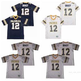 Tom Brady High School Jerseys 12 Voetbal Junipero Serra Padres Film genaaid en borduurwerk ademend college Moive Hiphop pullover Navy Blue White Gray Team Man