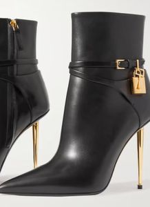 Tom-f-boot vrouw enkel laars hangslot verfraaide lederen enkel-laarzen gouden hiel en vergrendelde sleutel pointe teen sexy pumps