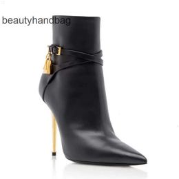 Tom Fords Heel Perfect Boots Women Brand Ankle Boots Dunne Designer Woman Belt Boot Hangslot en Gold Heeled Pointy Toe Dress Wedding Party Gift With Box AFG9