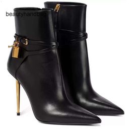 Tom Fords Wedding Women Heglock Boots Pointy Enkle Gold Boots Toe Dunne Heel en Brand Heeled Designer Woman Dress Belt Boot Party Gift With Box TL7X