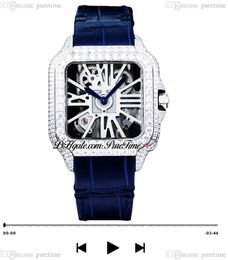 Tom Holland Dumont Swiss Ronda Quartz Mens Watch Plaveid Diamonds WHSA0007 Volledig Iced Out Diamond Case Skeleton Roman Dial Blue Leather Super Edition Puretime D4