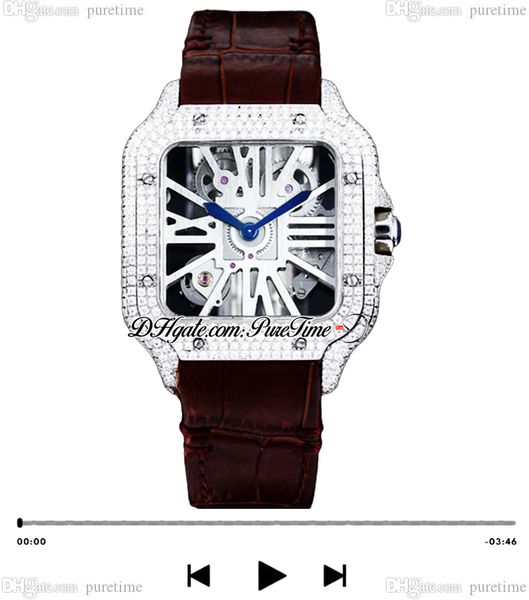 Tom Holland Dumont Swiss Ronda Montre à quartz pour homme Pavée de diamants WHSA0007 Boîtier en diamant entièrement glacé Squelette Cadran romain Cuir marron Super Edition Puretime B2