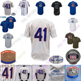 Tom Seaver Jersey Vintage Hall Of Fame 1969 WS Patch Home Away Wit Crème Krijtstreep Blauw Groen Grijs Zwart Pullover All Stitched