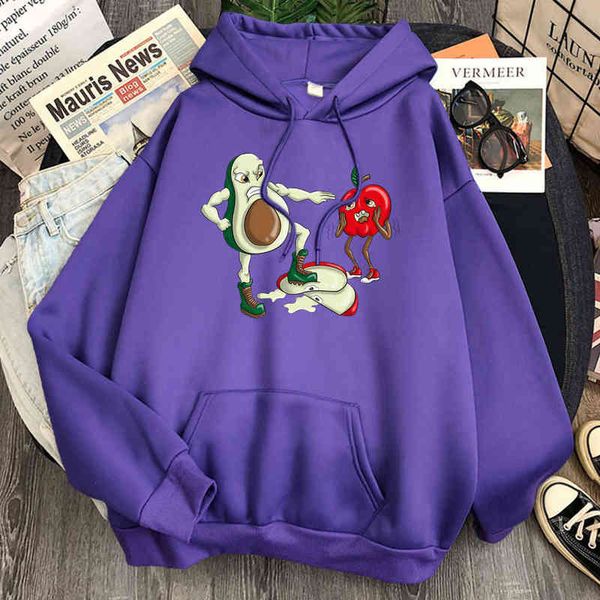 Tomate avocat dessin animé imprimé sweats homme lâche polaire décontracté à capuche Streetwear Vintage dessins animés à capuche haut Anime Punk pull H1227