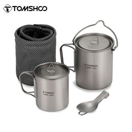 Tomshoo 3 pièces de cuisine Ensemble ultra-léger 750 ml de boîte à eau 450 ml avec couvercle pliant de la spork pour le sac à dos de camping en plein air 240425