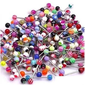 Tongue anneaux 100pcs Style de mix Harbell Bar Tongue Piercing Anneaux Fashion en acier inoxydable Coulois mixtes Couleurs hommes femmes bijoux de corps Drop Dhszy