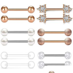 Anneaux de langue 14G 14Mm 9/16 pouces anneau en acier inoxydable mamelon Barbell barre de perçage zircone cubique 12 pièces livraison directe bijoux B Dhgarden Dh3Q4