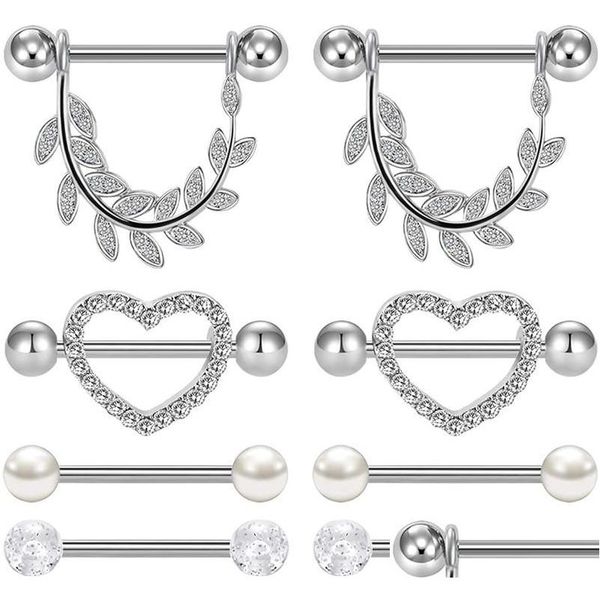 Anneaux de langue 4 paires d'anneau de mamelon piercing bijoux de corps haltère cubique zircone feuille forme de coeur pour femmes filles livraison directe Dhgarden Dh5An