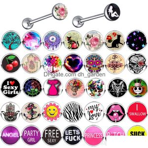 Tongringen Logo Roestvrije rechte barbells 14g Piercing Ear Bar Nipple Ring Body Sieraden voor vrouwen Men 100 stks Drop Lever Dhgarden DHVNB