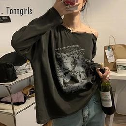 Tonngirls Gothic T-shirt Vrouwen Lange Mouw Y2k Vintage T-shirt Off Schouder Grunge Tops Streetwear Koreaanse Stijl Grappige T-shirts 240124