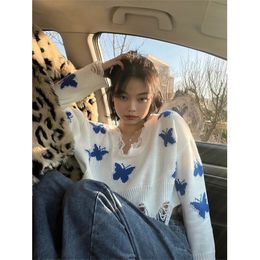 Tonngirls Streetwear Crop Top Sweater Vrouwen lange mouw print vlinder uitgehold uit gebreide pullover Koreaanse stijl dames jumpers 220817