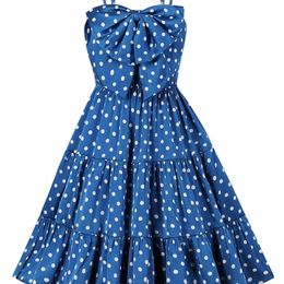 Tonval bleu à pois nœud avant sangle été Dres taille haute froncé dos plissé Vintage vêtements 220523