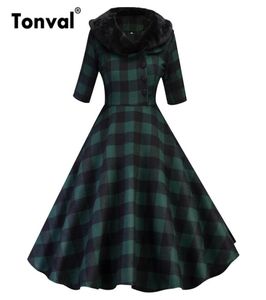 Tonval bont kraag winter groene gingham vintage jurk dames button up halve mouw herfst elegant plaid retro a line jurken 2010084784428