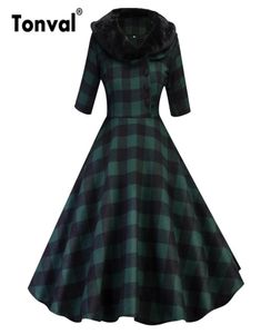 Tonval bont kraag winter groene gingham vintage jurk dames button up halve mouw herfst elegant plaid retro a line jurken 2010087566688