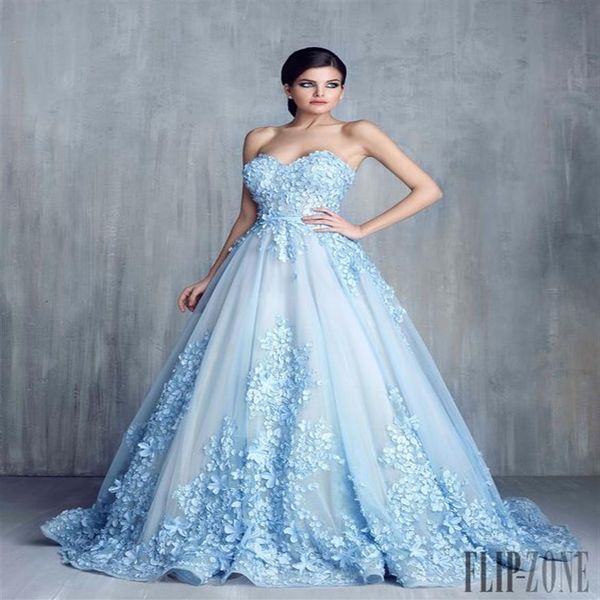 Tony Chaay Sky Blue 3D Floral Formal Vestidos de baile 2019 Modest Cinderella Sweetheart Flor hecha a mano Ocasión árabe Fiesta de noche 221S