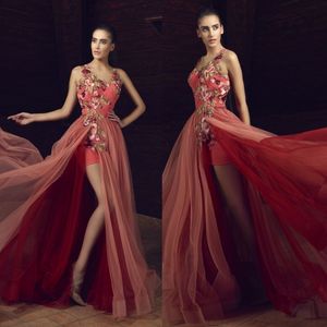 Tony chaaya 2017 sexy side split prom jurken v hals bloem borduurwerk formele avondjurken sweep trein feestjurk