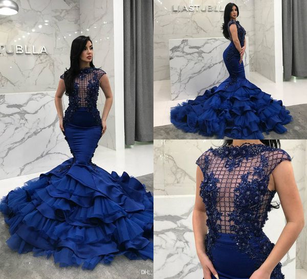 Tony Chaaya 2019 robes de soirée avec des jupes à plusieurs niveaux bleu royal perles sirène robe de bal en dentelle appliques mancherons de luxe robes de soirée formelles