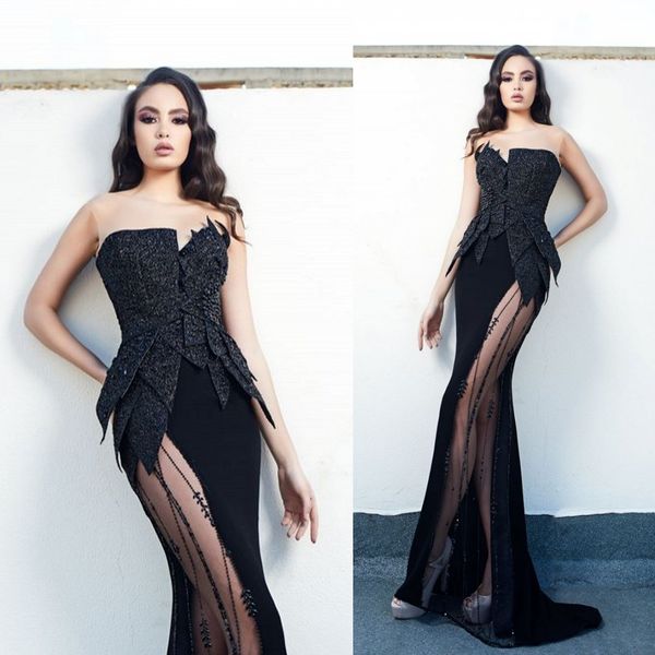 Tony Chaaya 2020 noir sirène robes de bal perles Illusion bijou cou robes de soirée voir à travers Vestido de fiesta robe formelle