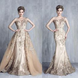 Tony Chaaya 2020 Avondjurken met Afneembare Trein Champagne Kralen Mermaid Prom Jurken Kant Applique Luxe Feestjurk