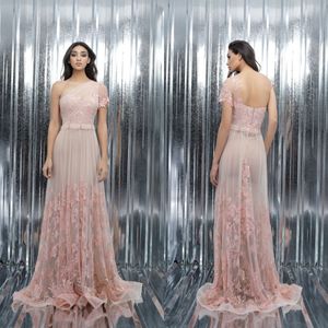Tony Chaaya 2022 PROM Dress One Shoulder Pink Women A Line Lace Appliqued Formele avondjurken Kralen Sash Vestido de Novia