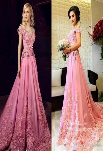 Tony Chaaya Robes de soirée modestes 3D Floral Applique Hors Épaule Dubaï Arabe Caftan Pleine longueur Princesse Rose Sur Mesure Bal 3584888