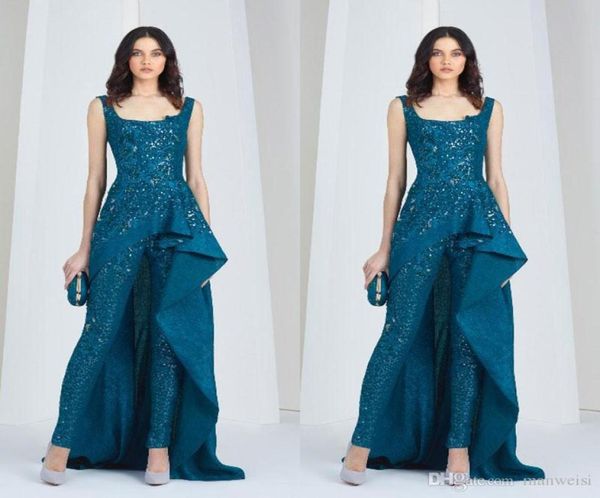 Tony Ward 2019 combinaisons robes de soirée arabes encolure dégagée tailleur-pantalon grande taille robes de bal pailletées perles de dentelle formelle fête Dre5201682