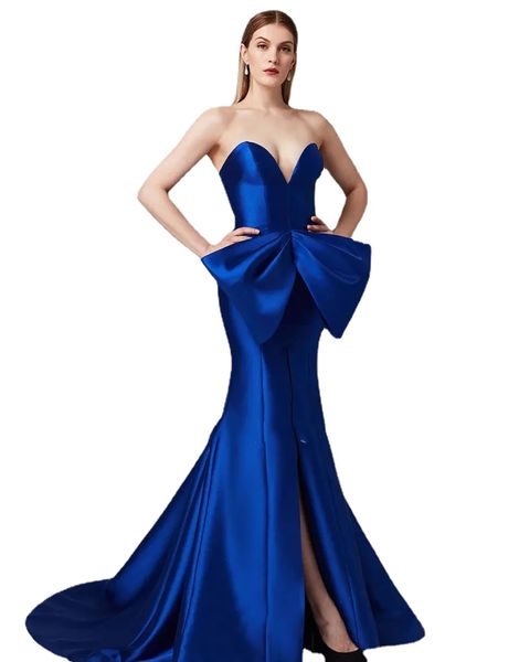 Tony Ward Royal Blue Sirène Robes De Soirée Sweetheart Bow Satin Split Robes De Bal Plus La Taille Robe Occasion Spéciale