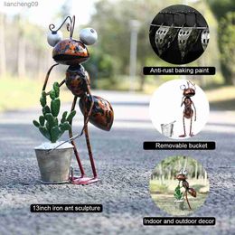 Tooarts, escultura de hormiga de 13 pulgadas, hormiga de dibujos animados de hierro con cubo extraíble, decoración de jardín o escritorio, maceta de flores suculentas, baratija de almacenamiento L230620