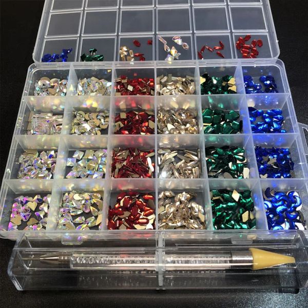 Outil 600 / 1200pcs émeraude / ab / rouge / bleu / champagne 5color mix bling box nail art formes kit gemm 24grid clear box stass