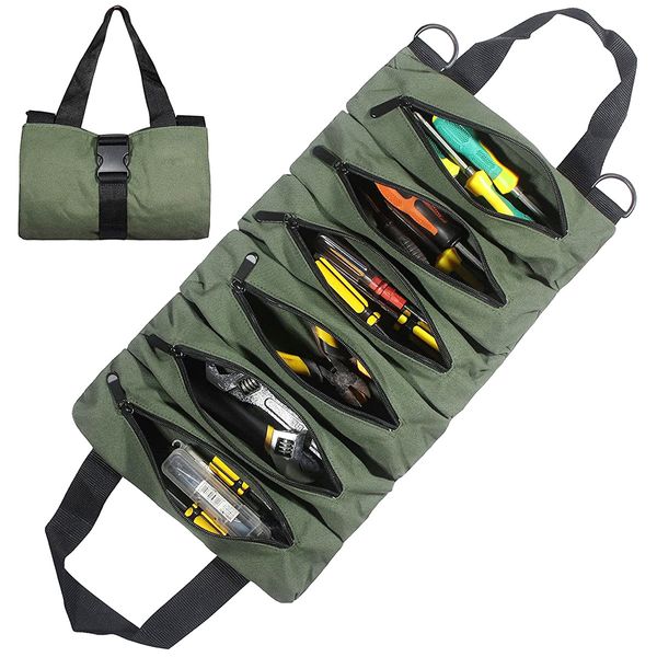 Sac à outils en toile Sac à outils enroulable Pochette à outils avec 6 poches zippées Outils de grande capacité Wrap Roll Mallette de rangement Sac à outils à main 230413