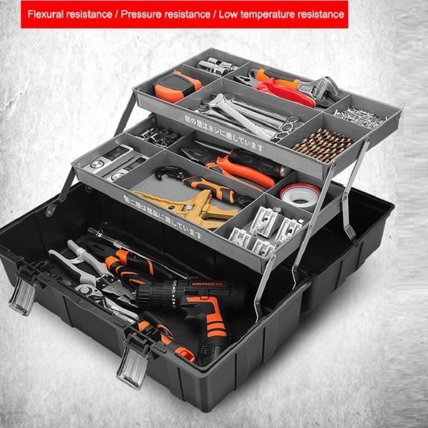 Boîte outils d'outils Boîte professionnelle Boîte à outils de pliage à trois couches Complete valise imperméable Plastique Plat PP MATÉRICE GLOSSY PAS D'ODOR L230816
