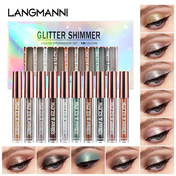 Tool Langmanni 10 PCS Diamond Glitter Liquid Eyeshadow Set Psychedelic Pearlescent Liquid Eyeshadow Box DC08